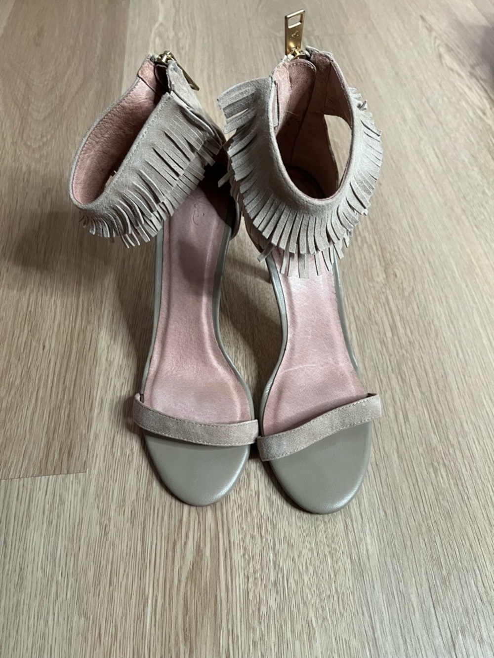 Joie Fringe Ankle Strap Heeled Sandals - Taupe and Pink